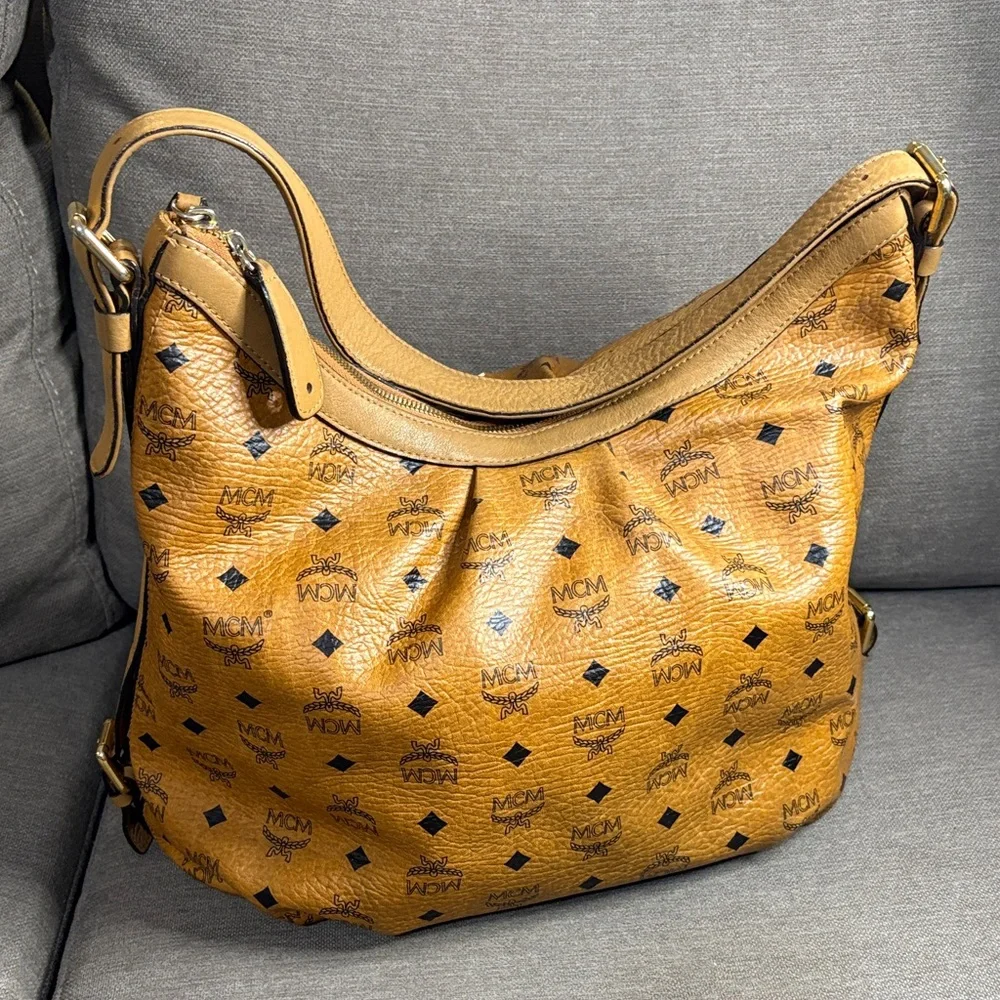 MCM Cognac Monogram Shoulder Hobo Bag ( Serial E0451)